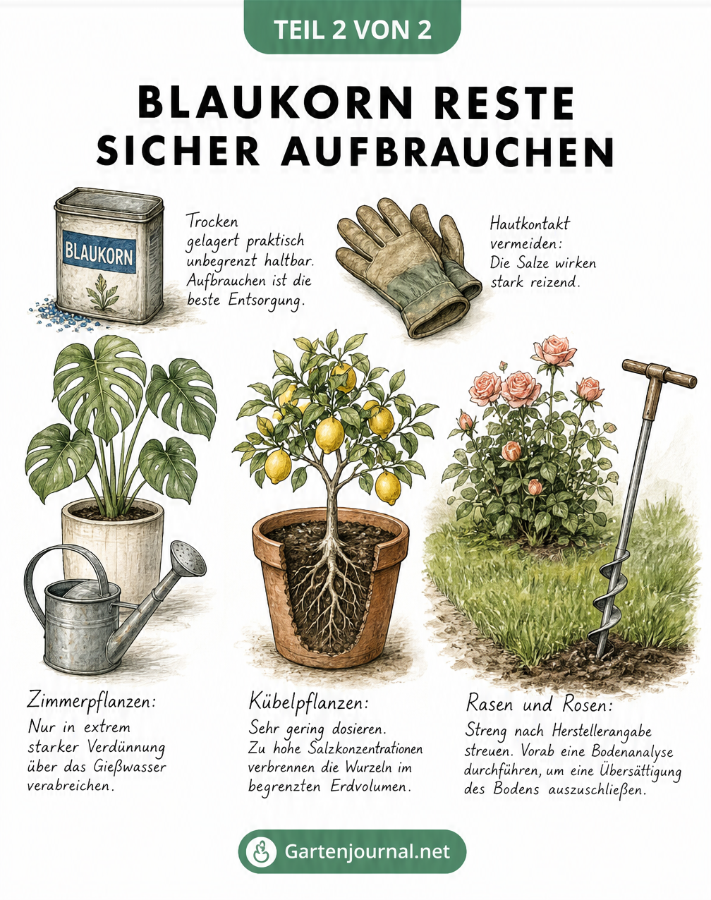 Botanische Illustration von Zimmerpflanzen, Kübelpflanzen und Rasen mit Dosierungshinweisen zum sicheren Aufbrauchen von Blaukorn
