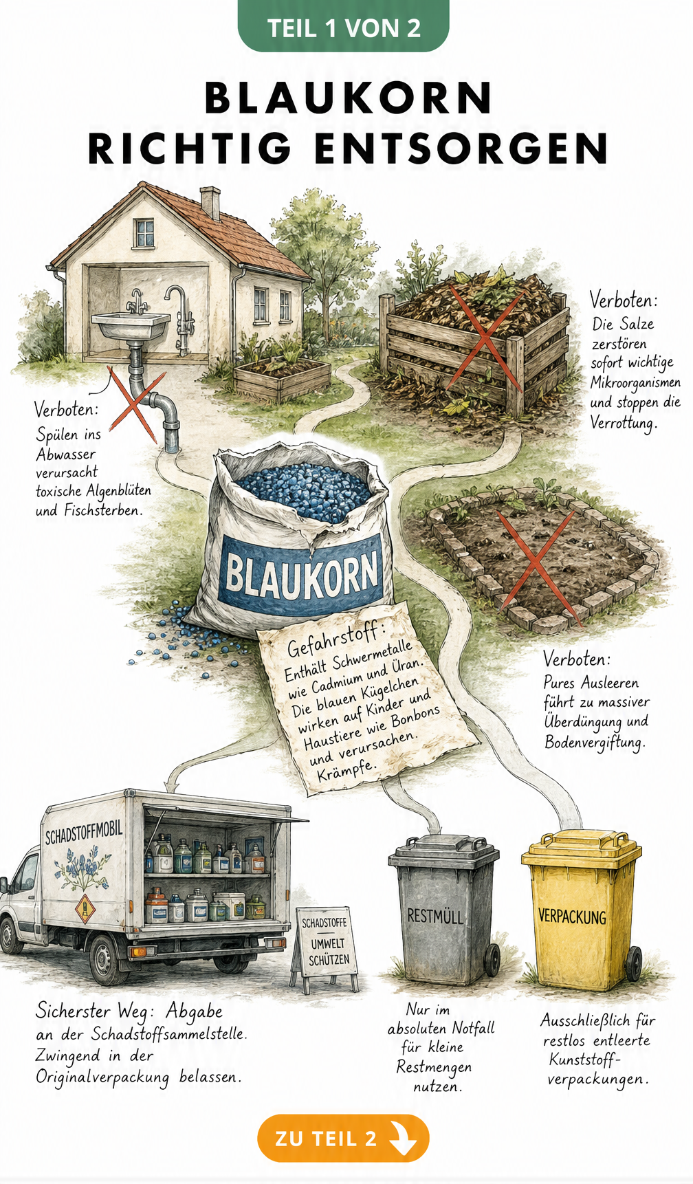 Illustration eines Grundstücks mit Hinweisen zur richtigen Entsorgung von Blaukorn am Schadstoffmobil und Warnungen vor falscher Entsorgung