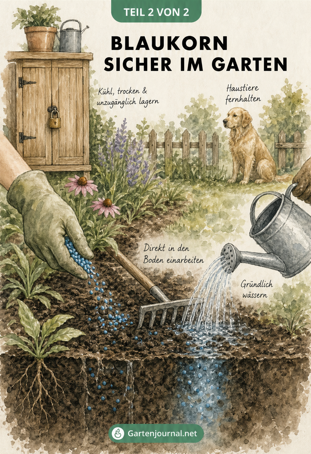 Aquarell-Illustration zur sicheren Lagerung und Anwendung von Blaukorn im Garten