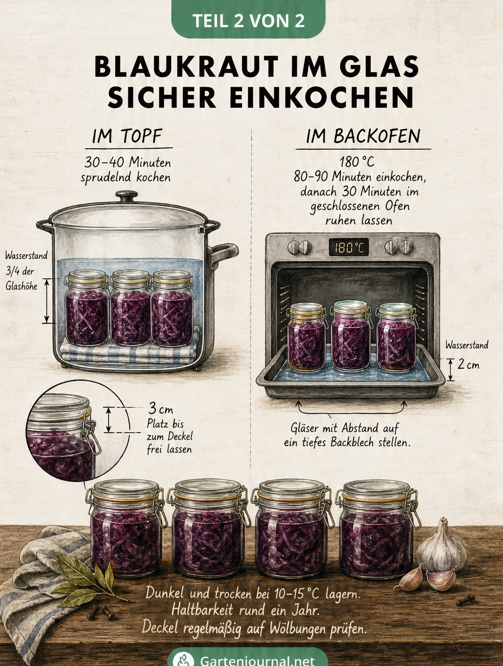 Schnittzeichnung eines Topfes und eines Backofens mit Einmachgläsern zum Vergleich der Einkochmethoden