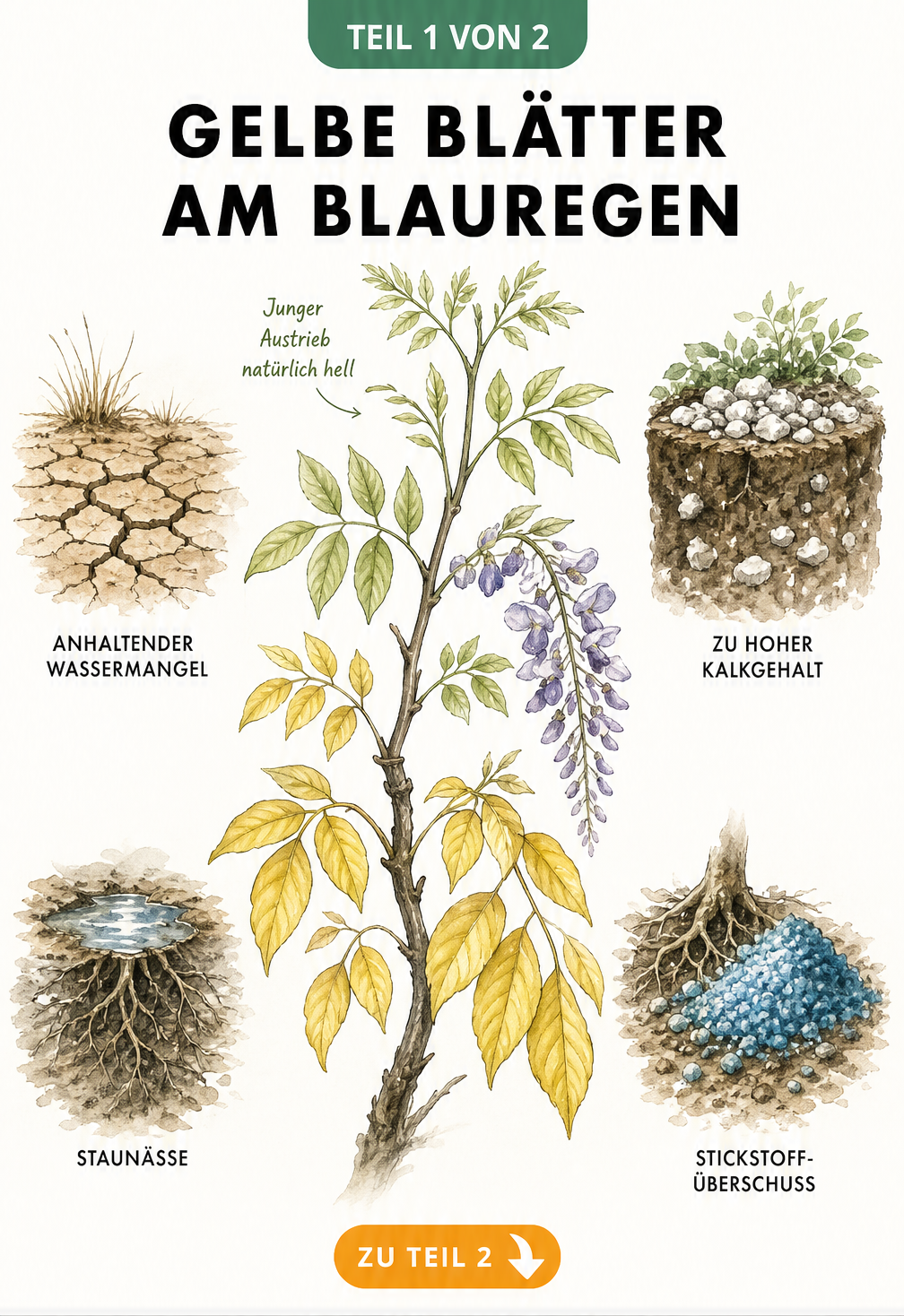 Botanische Illustration eines Blauregen-Zweigs mit gelben Blättern und Vignetten zu Ursachen wie Wassermangel, Staunässe, Kalk und Stickstoffüberschuss.