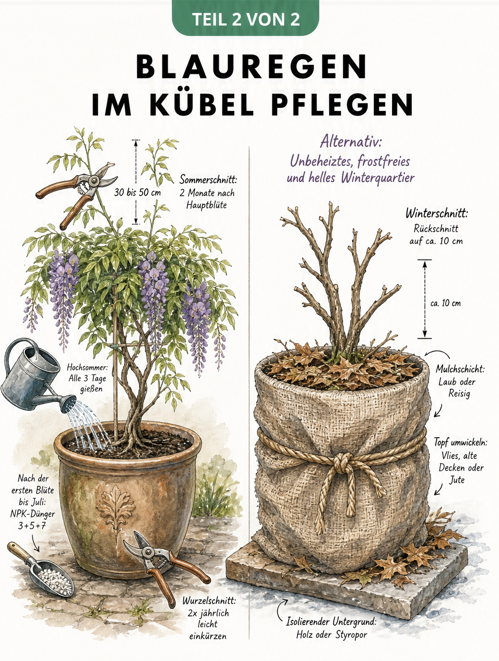 Zweigeteilte Illustration zur Pflege von Blauregen im Kübel: Gießen, Düngen und Schneiden im Sommer sowie Winterschutz