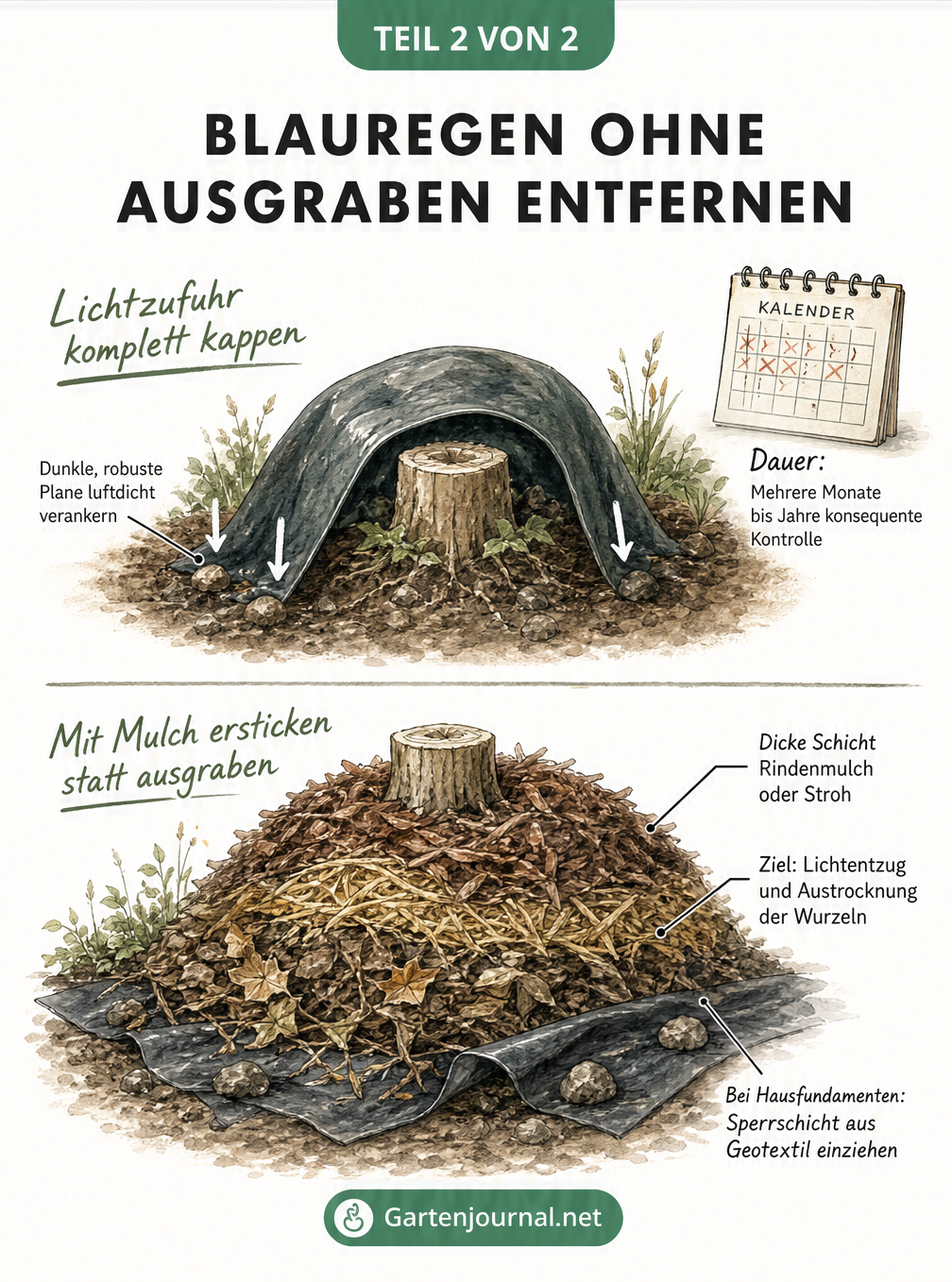 Illustration zweier Beetsituationen: Lichtblockade durch eine dunkle Plane und Mulch-Methode mit einem Hügel aus organischem Material über einem...