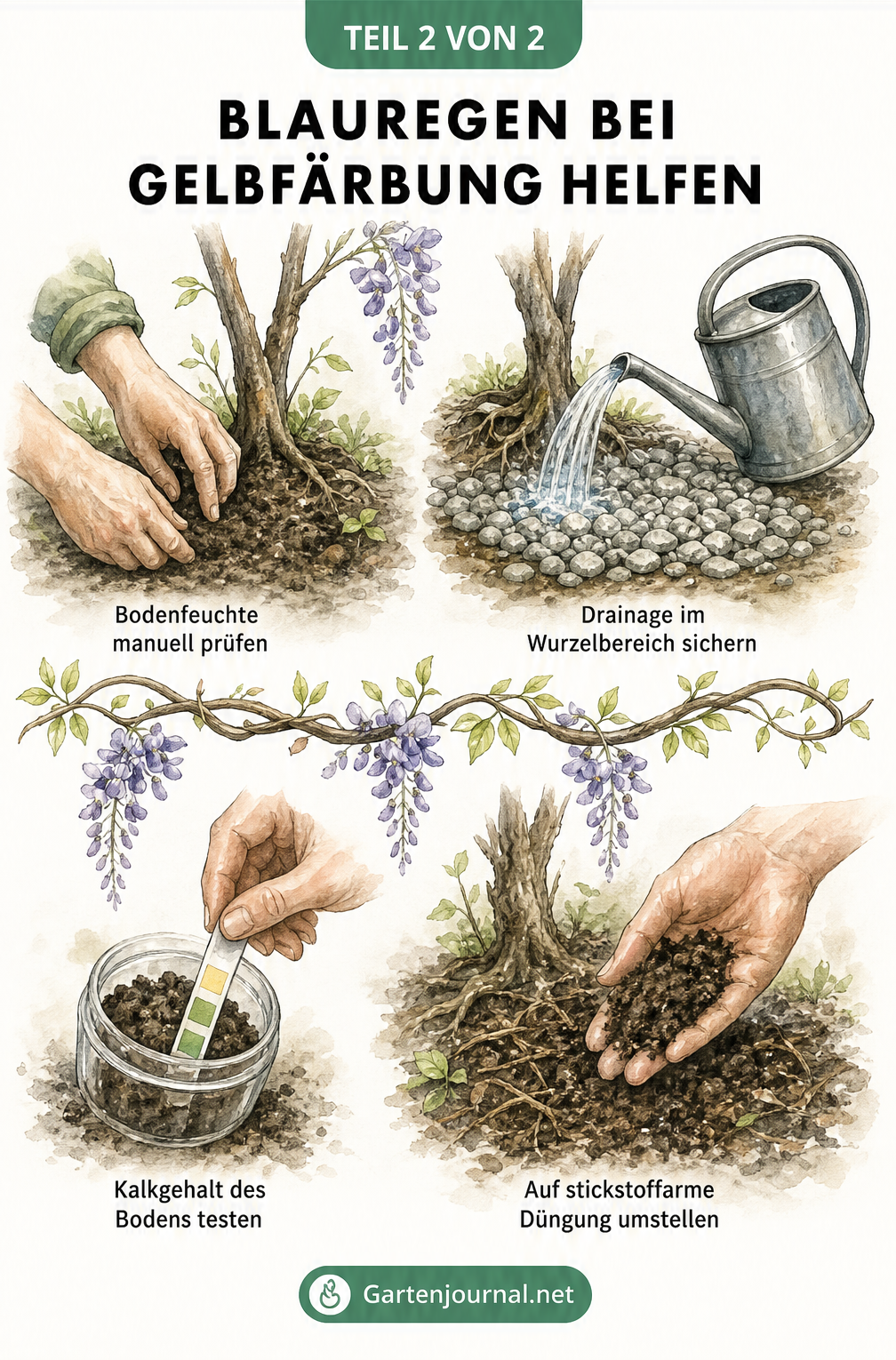 Skizze zur Pflege von Blauregen bei Gelbfärbung: Bodenfeuchte prüfen, Drainage sichern, Kalkgehalt testen und stickstoffarm düngen.