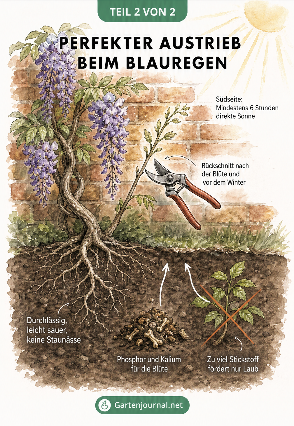 Illustration eines Blauregens an einer Ziegelmauer mit Tipps zu Standort, Rückschnitt, Bodenbeschaffenheit und Düngung.