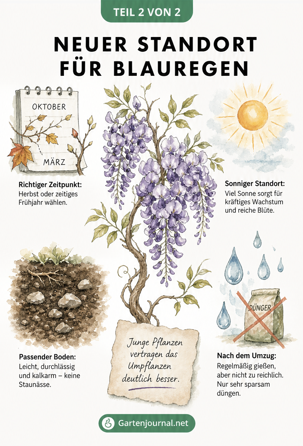 Illustration der idealen Standortbedingungen für Blauregen: sonniger Platz, durchlässiger Boden und richtige Pflege