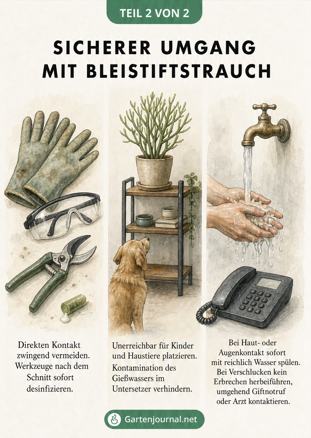 Illustration zu Sicherheitsmaßnahmen beim Bleistiftstrauch mit Handschuhen, Schutzbrille, sicherem Standort vor Haustieren und Erste-Hilfe-Tipps