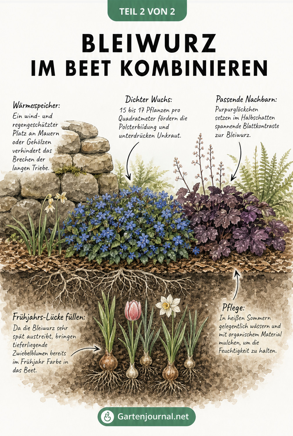 Querschnitt eines Gartenbeets im Halbschatten mit Chinesischer Bleiwurz, Tulpenzwiebeln und Purpurglöckchen an einer Trockenmauer.