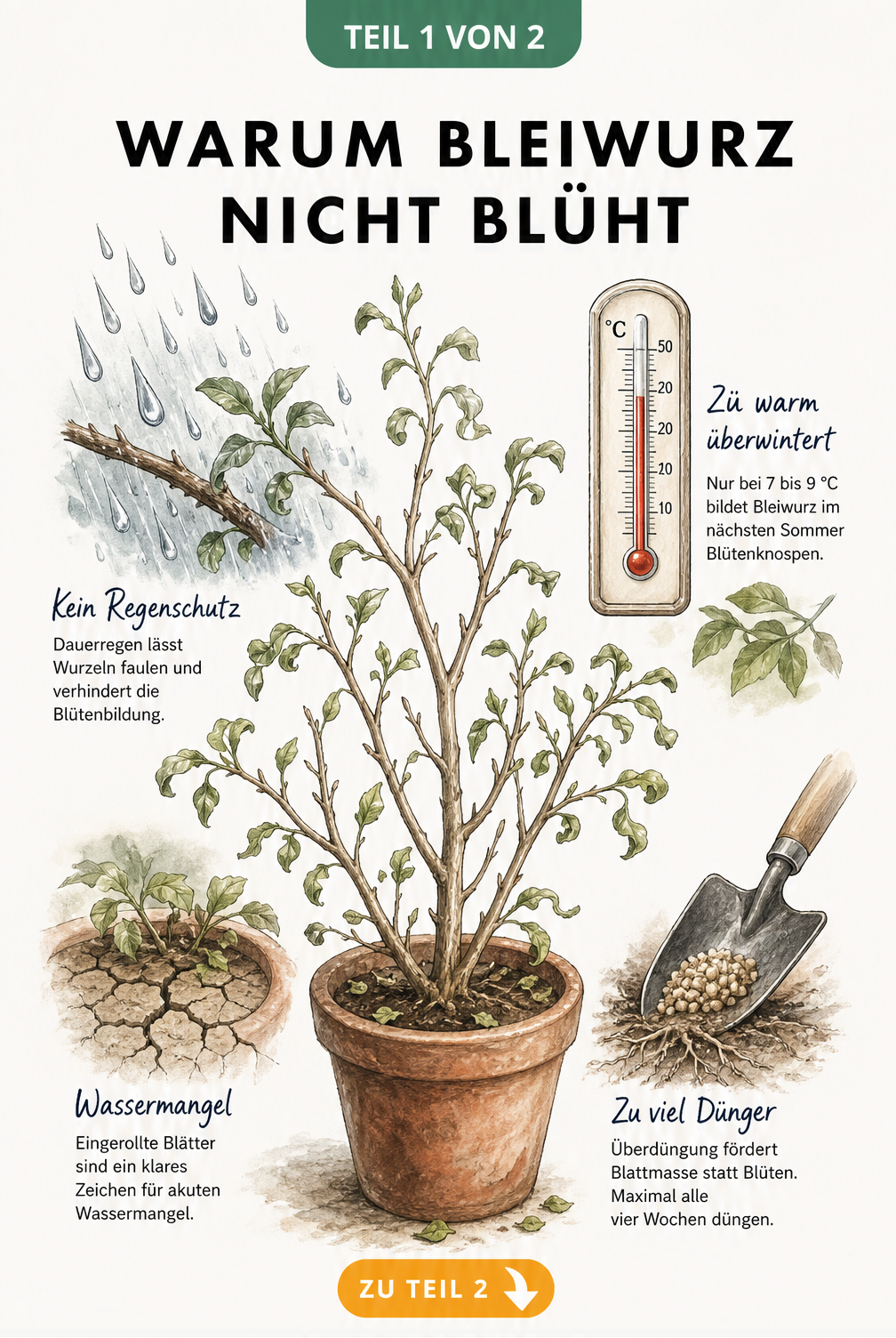 Botanische Illustration eines kränkelnden Bleiwurz-Strauchs mit Ursachen für fehlende Blüten wie Trockenheit und falsche Überwinterung