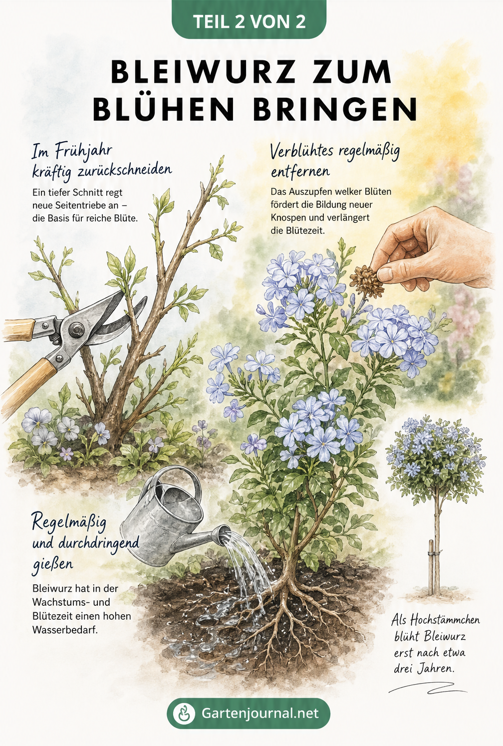 Illustration zur Pflege von Bleiwurz mit Rückschnitt im Frühjahr, Entfernen welker Blüten und richtigem Gießen