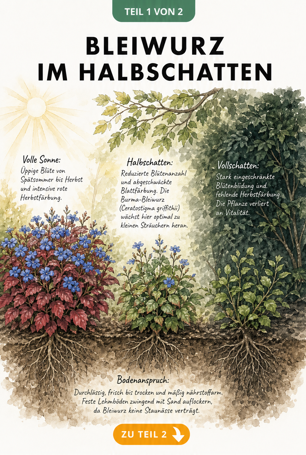 Illustration der Bleiwurz in drei Lichtzonen: Volle Sonne, Halbschatten und Vollschatten mit entsprechenden Auswirkungen auf Blüte und Blattfärbung.