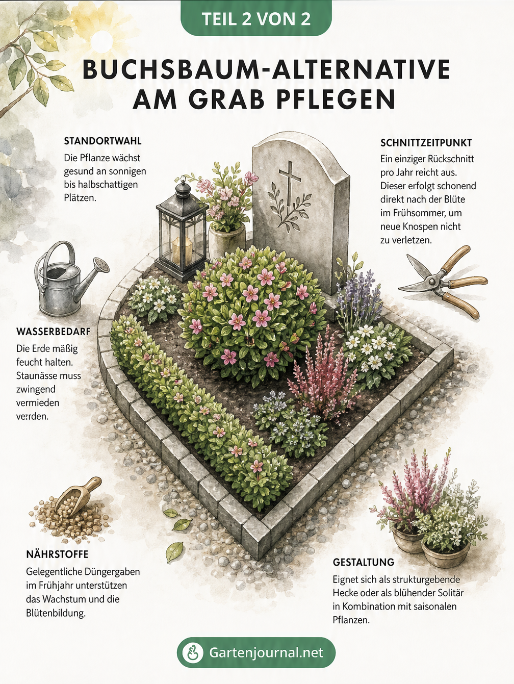 Isometrische Skizze einer Grabstätte mit Bloombux-Bepflanzung und Pflegehinweisen