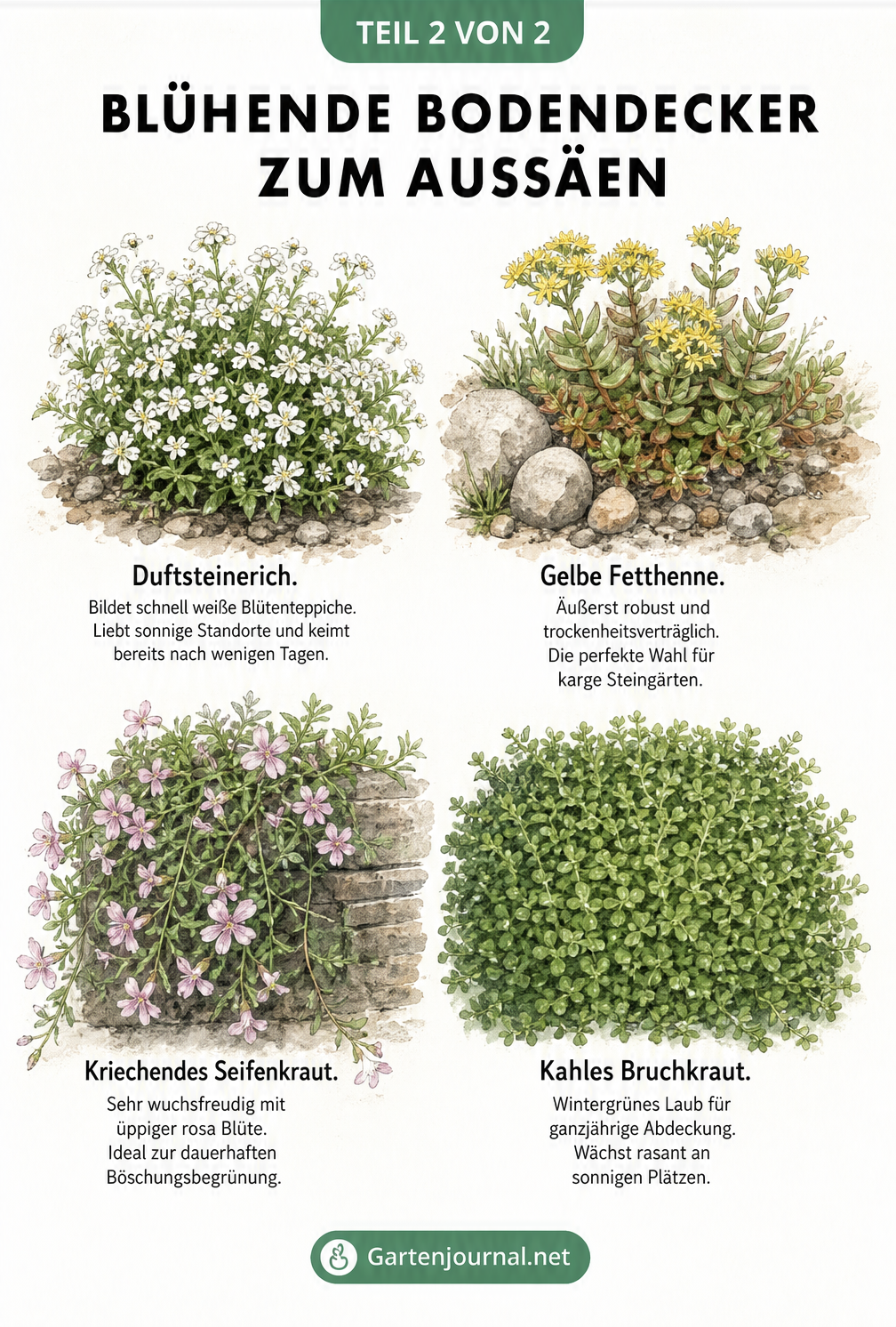 Botanische Illustration von vier blühenden Bodendeckern: Duftsteinerich, Gelbe Fetthenne, Kriechendes Seifenkraut und Kahles Bruchkraut