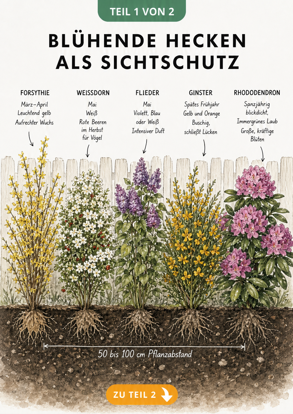 Illustration von fünf blühenden Heckenpflanzen als Sichtschutz im Garten mit Pflanzabstand