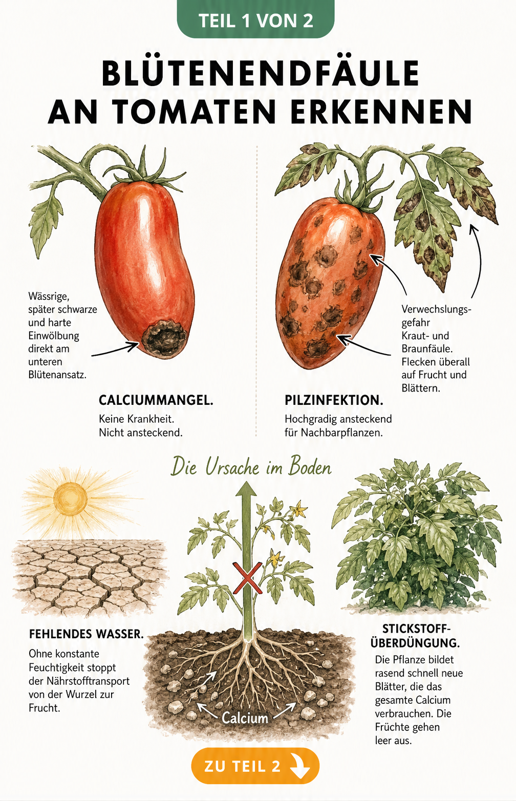 Vergleich von Tomaten mit Blütenendfäule und Kraut- und Braunfäule sowie Darstellung der Ursachen im Boden