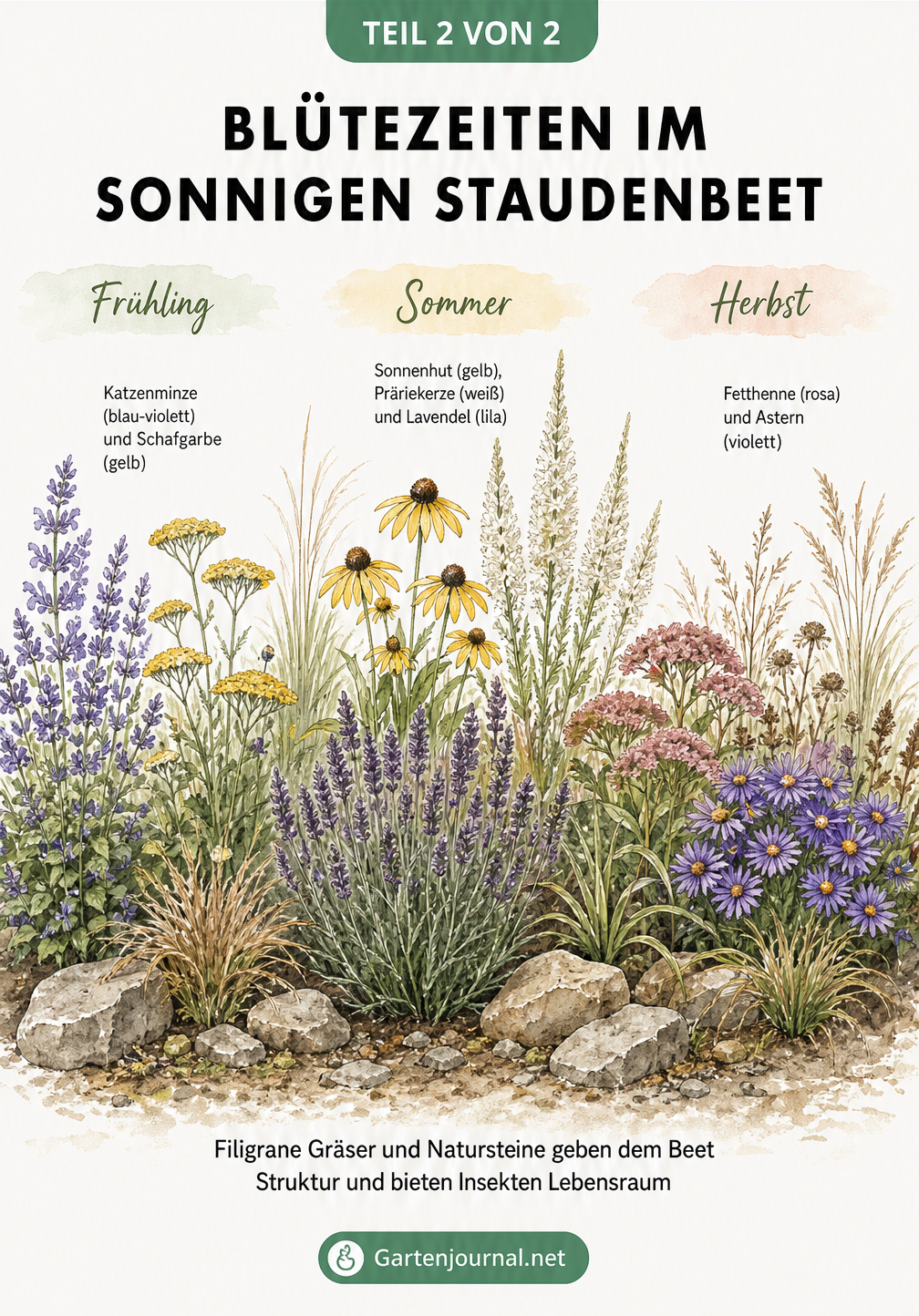 Botanische Illustration eines Staudenbeets im Jahresverlauf mit Katzenminze, Sonnenhut und Fetthenne