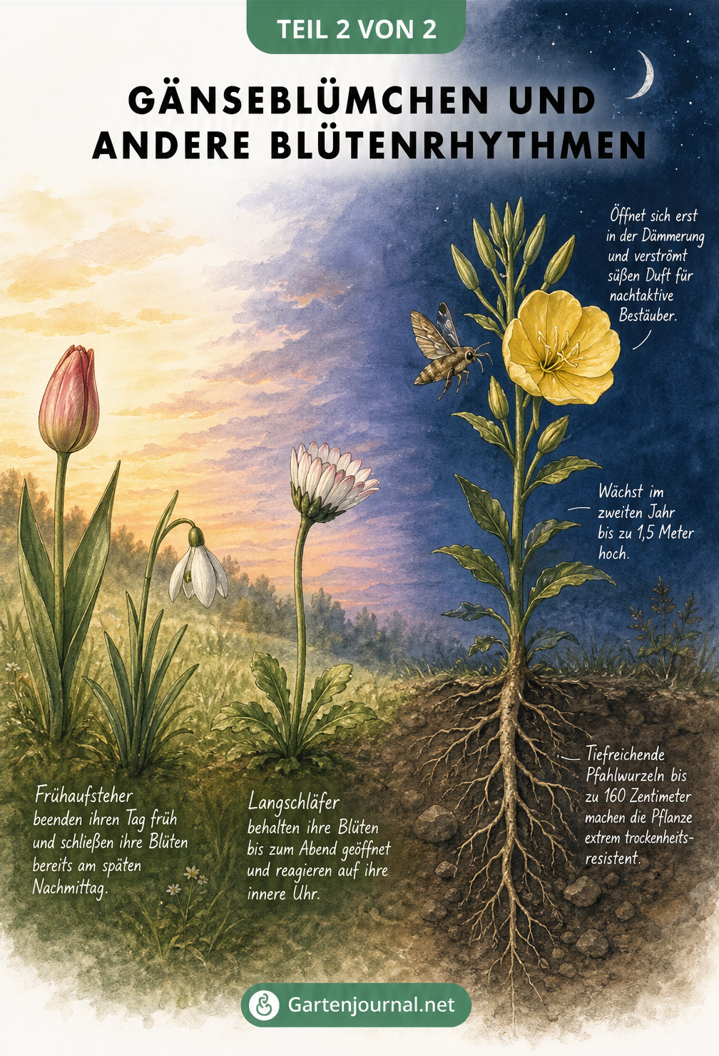 Illustration verschiedener Blumen wie Tulpe, Gänseblümchen und Nachtkerze, die ihre unterschiedlichen Blühzeiten im Tagesverlauf zeigt.