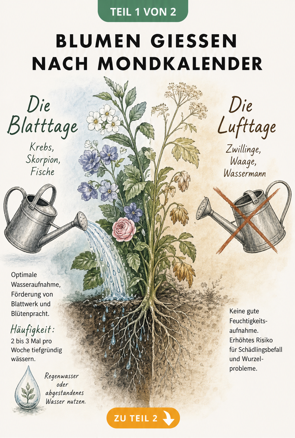 Botanische Illustration einer Pflanze im Erdschnitt, die die Wirkung von Blatttagen und Lufttagen beim Gießen nach dem Mondkalender zeigt.