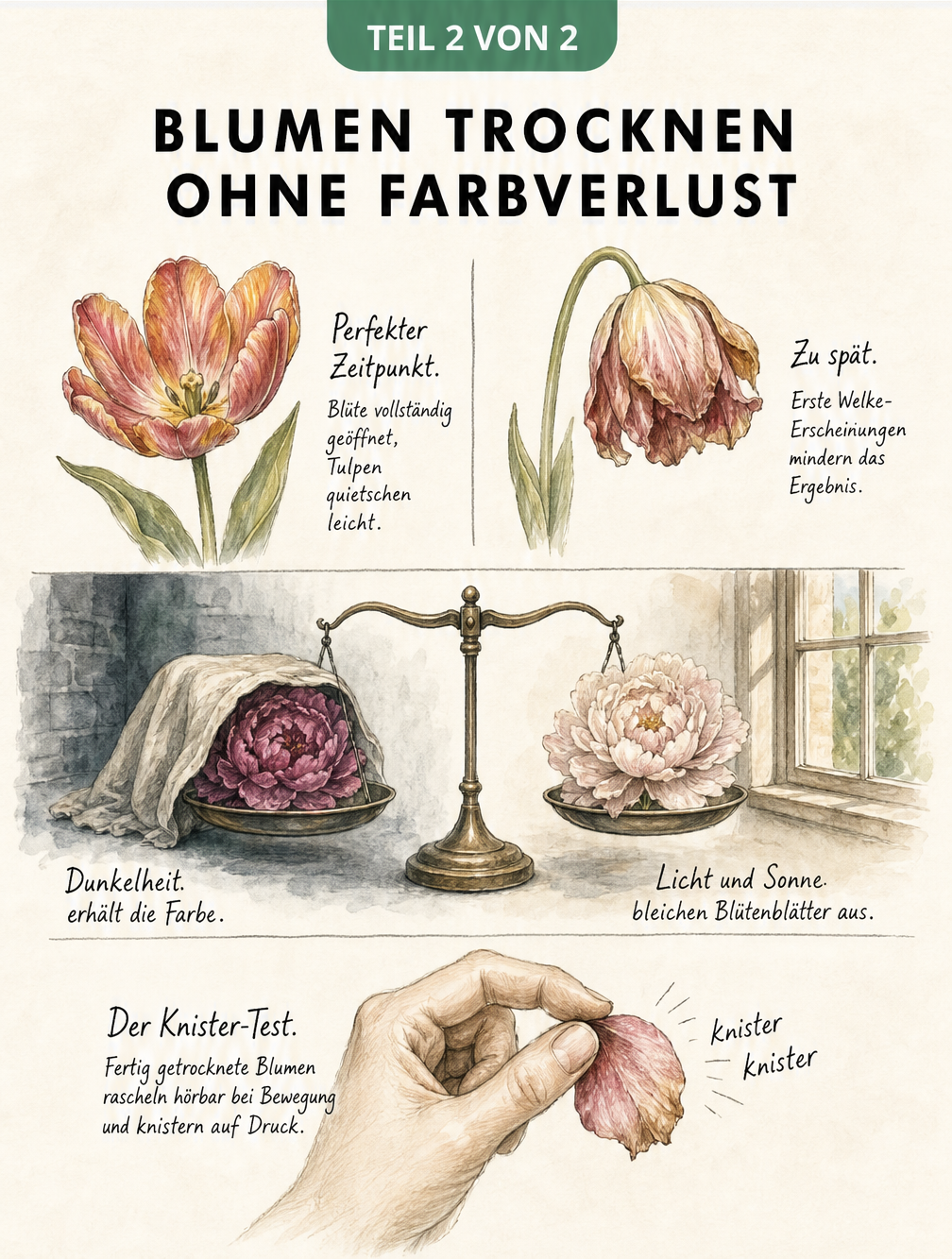 Blumen trocknen ohne Farbverlust: Der richtige Zeitpunkt, Dunkelheit und der Knister-Test