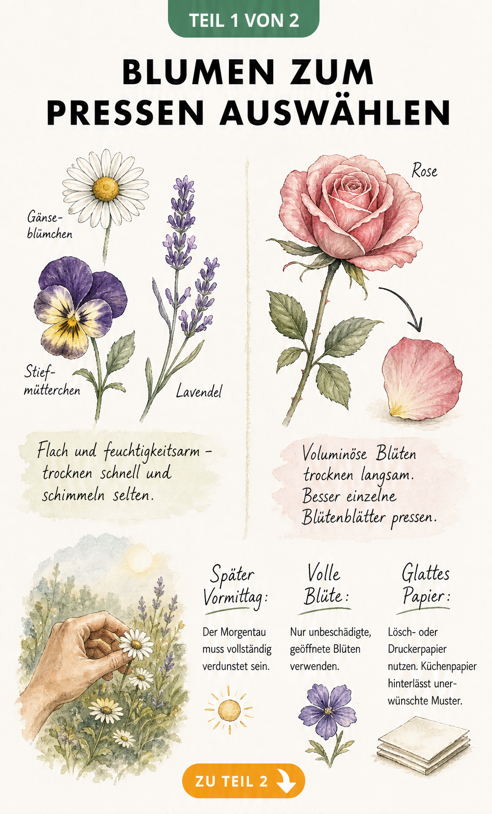 Botanische Illustration zur Auswahl von Blumen zum Pressen mit flachen Blüten und einer Rose