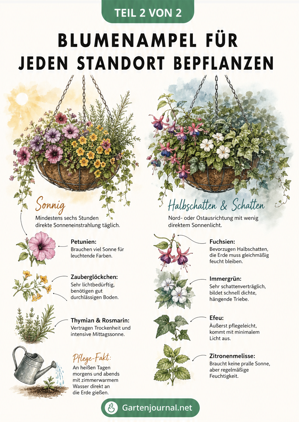 Zwei bepflanzte Blumenampeln im Vergleich für sonnige und schattige Standorte