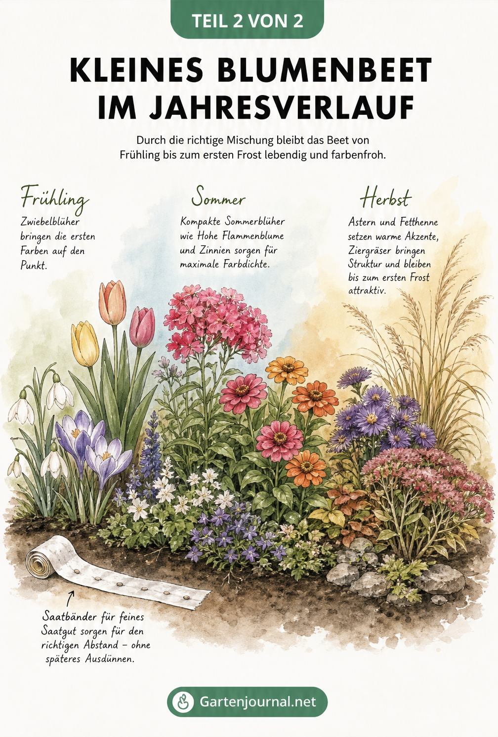 Blumenbeet im Jahresverlauf mit Frühlingsblühern, Sommerblumen und herbstlichen Ziergräsern