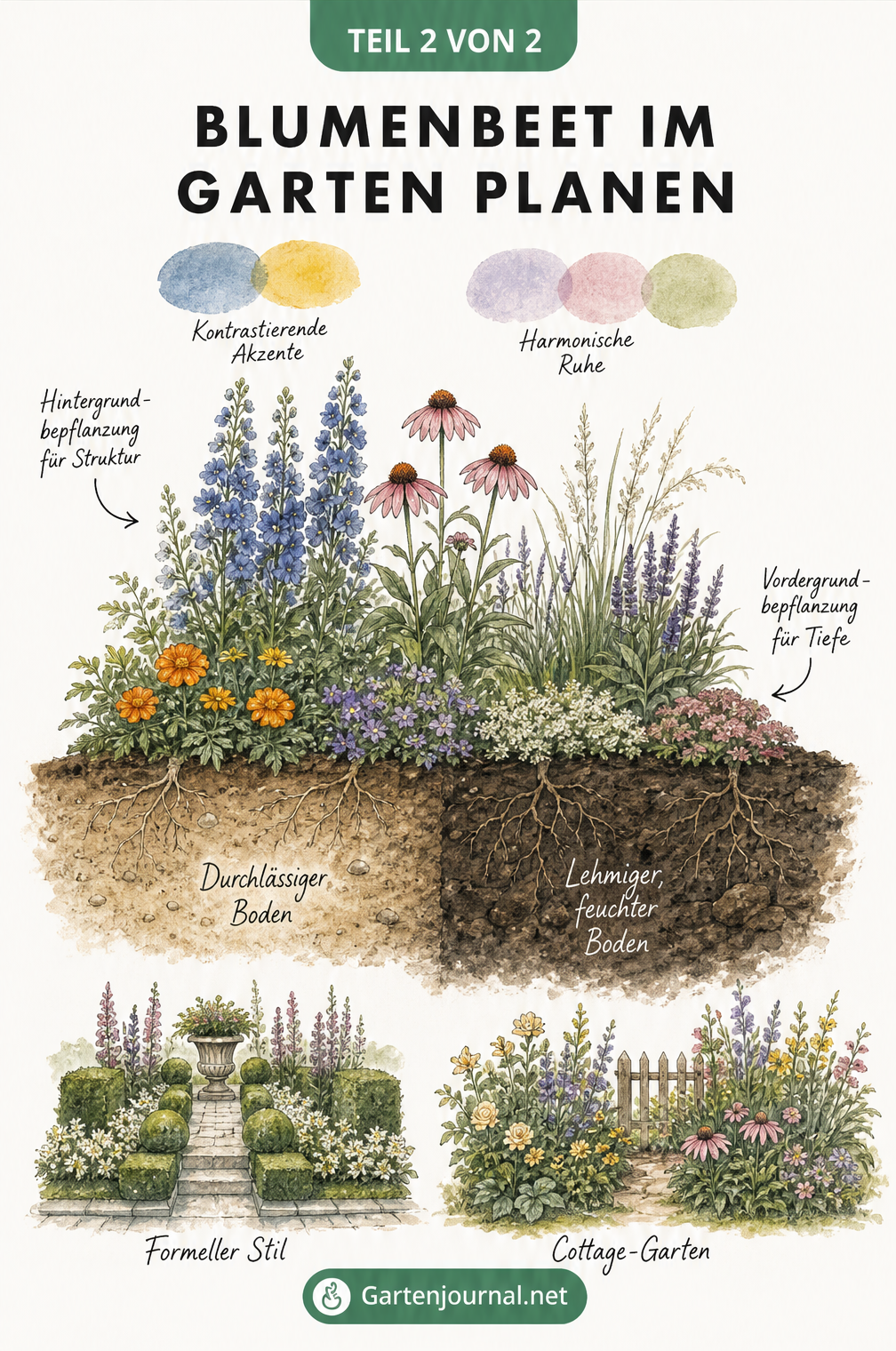 Querschnitt eines Blumenbeets mit Hintergrund- und Vordergrundbepflanzung, Bodenstrukturen wie durchlässiger und lehmiger Boden sowie Beispielen für formelle...