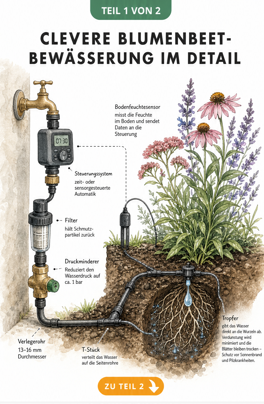 Isometrische Illustration eines Blumenbeets mit Tropfbewässerungssystem, Wasserhahn, Steuerung, Filter und Druckminderer