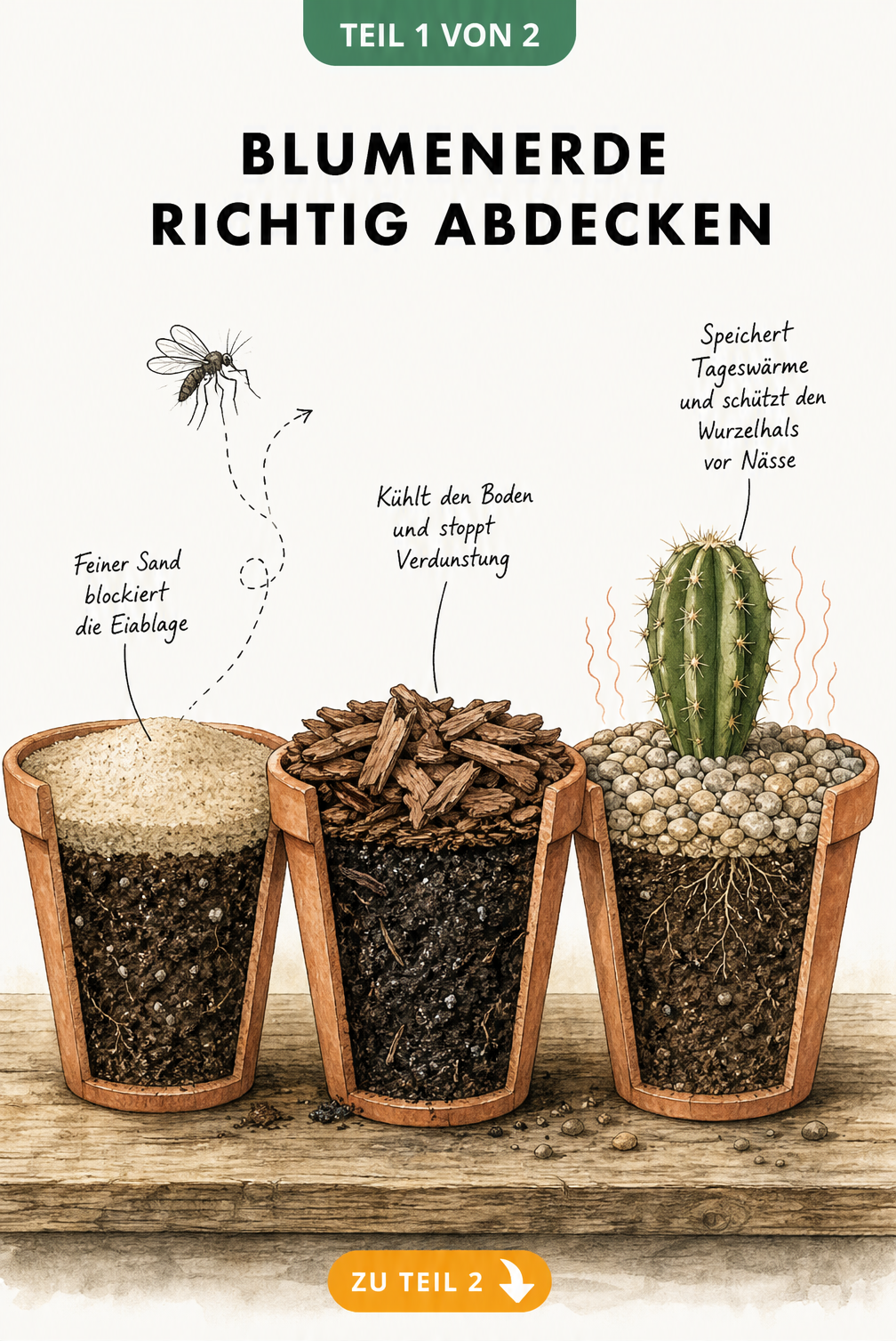 Drei Terrakotta-Töpfe im Querschnitt zeigen Blumenerde abgedeckt mit Sand, Rindenmulch und Kies zur Abwehr von Trauermücken und Verdunstung.