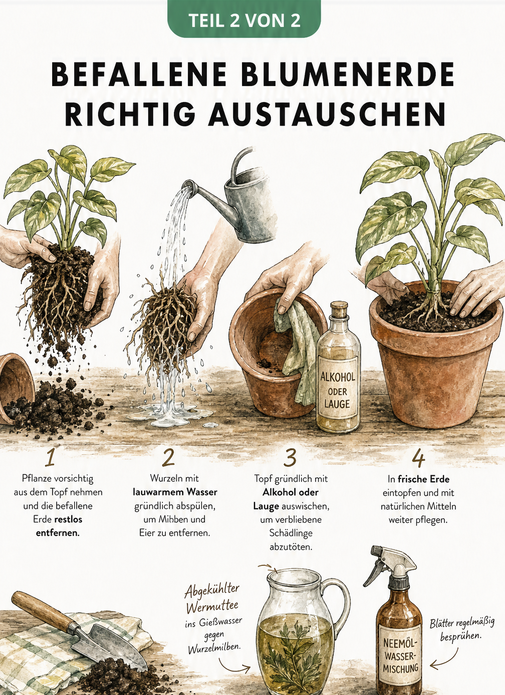 Illustration der vier Schritte zum Umtopfen einer befallenen Pflanze: Erde entfernen, Wurzeln abwaschen, Topf desinfizieren und in frische Erde pflanzen.