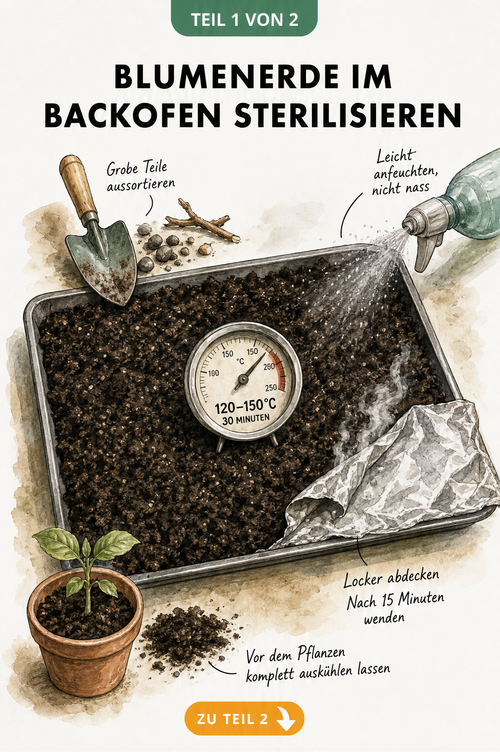 Illustration eines Backblechs mit Blumenerde, Thermometer und Sprühflasche zur Sterilisation