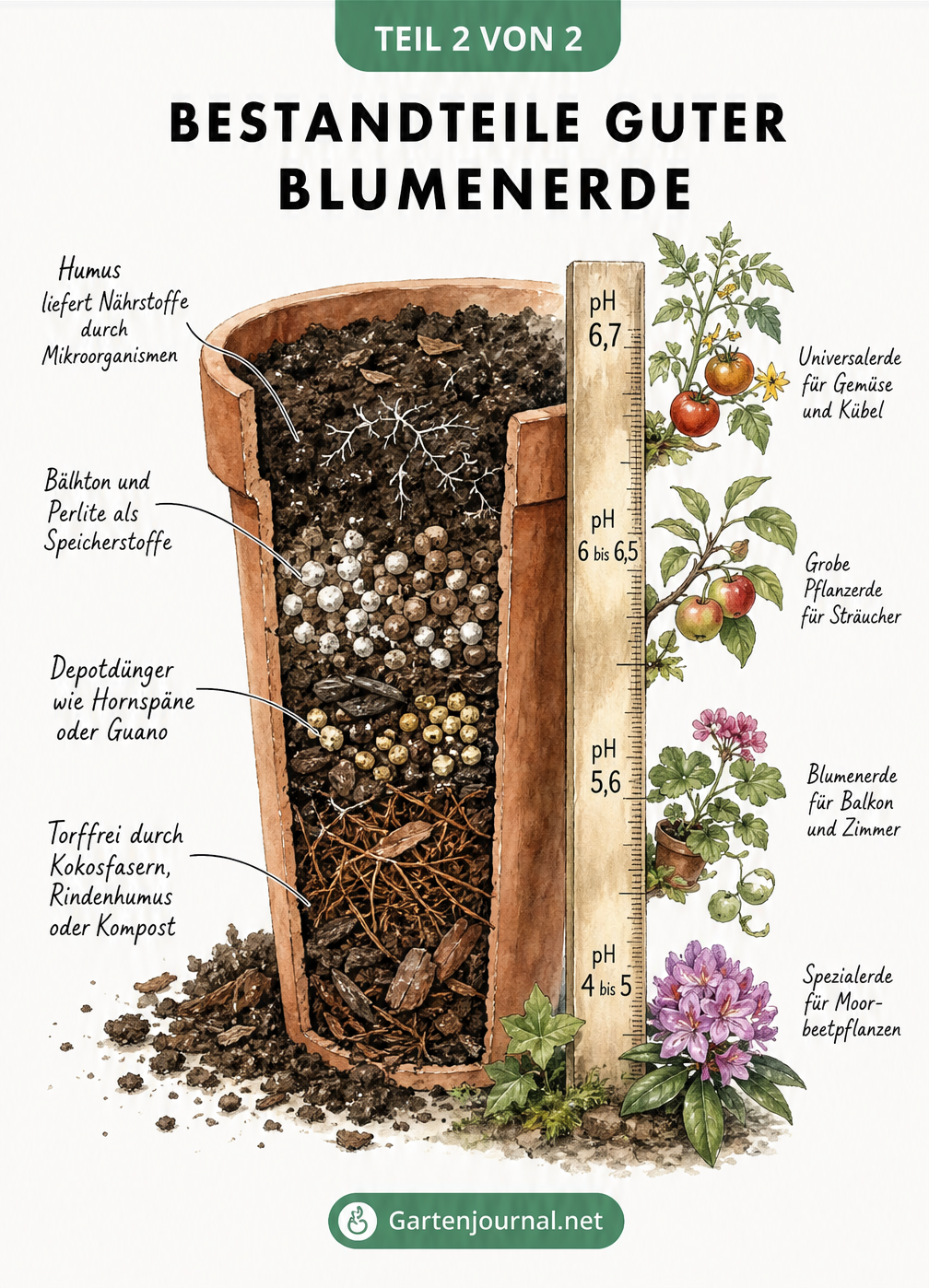 Querschnitt eines Terrakotta-Topfes mit Blumenerde, der die Bestandteile wie Humus, Blähton und Dünger sowie eine pH-Wert-Skala für verschiedene Pflanzen zeigt.