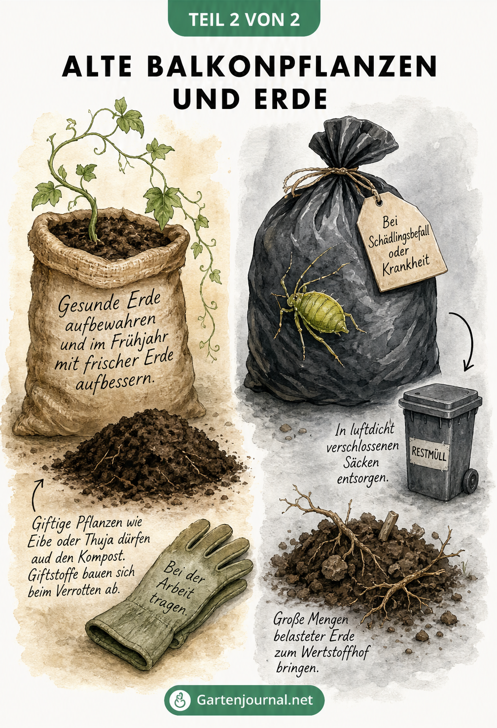 Illustration zur Entsorgung von gesunder und kranker Blumenerde sowie giftigen Pflanzen