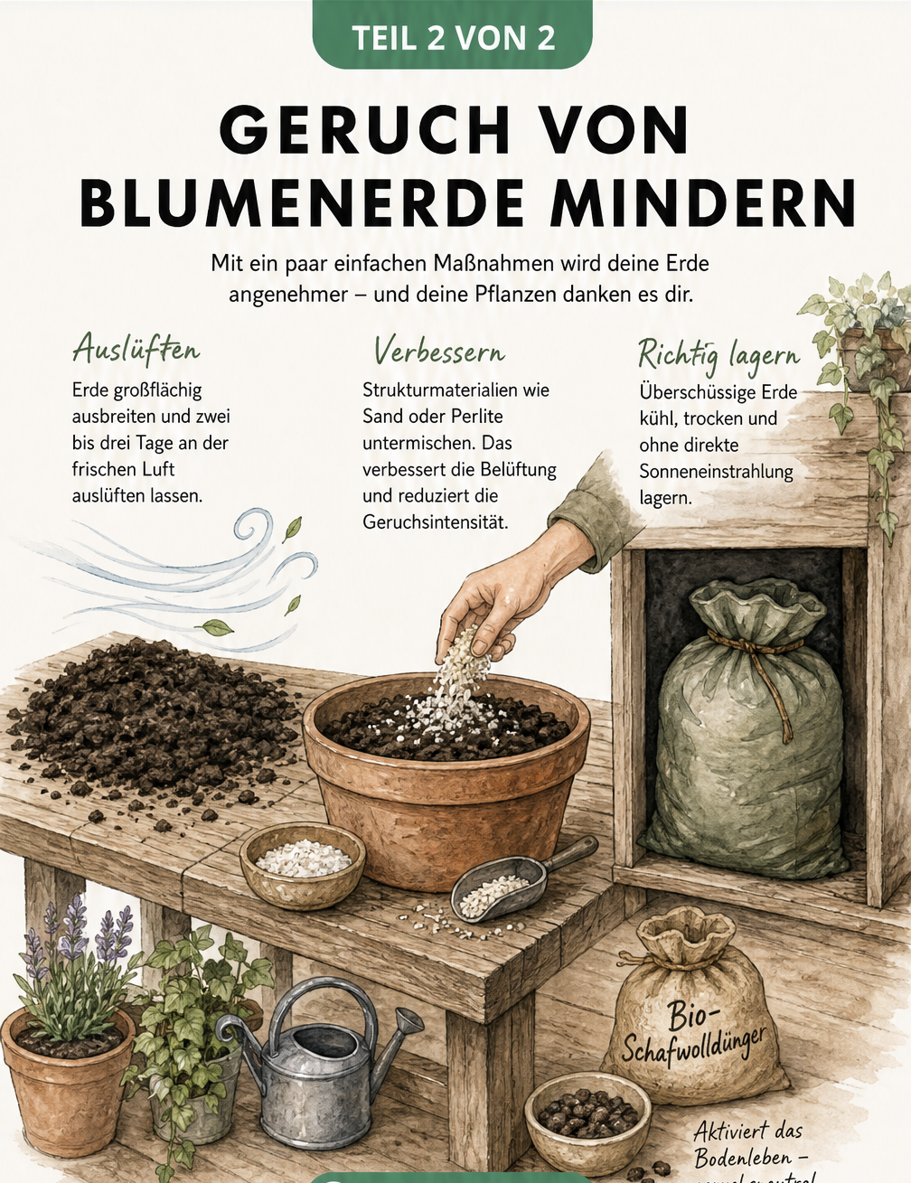 Pflanztisch mit Blumenerde, die zum Auslüften ausgebreitet ist, einem Kübel zum Untermischen von Sand und einem richtig gelagerten Erdsack.