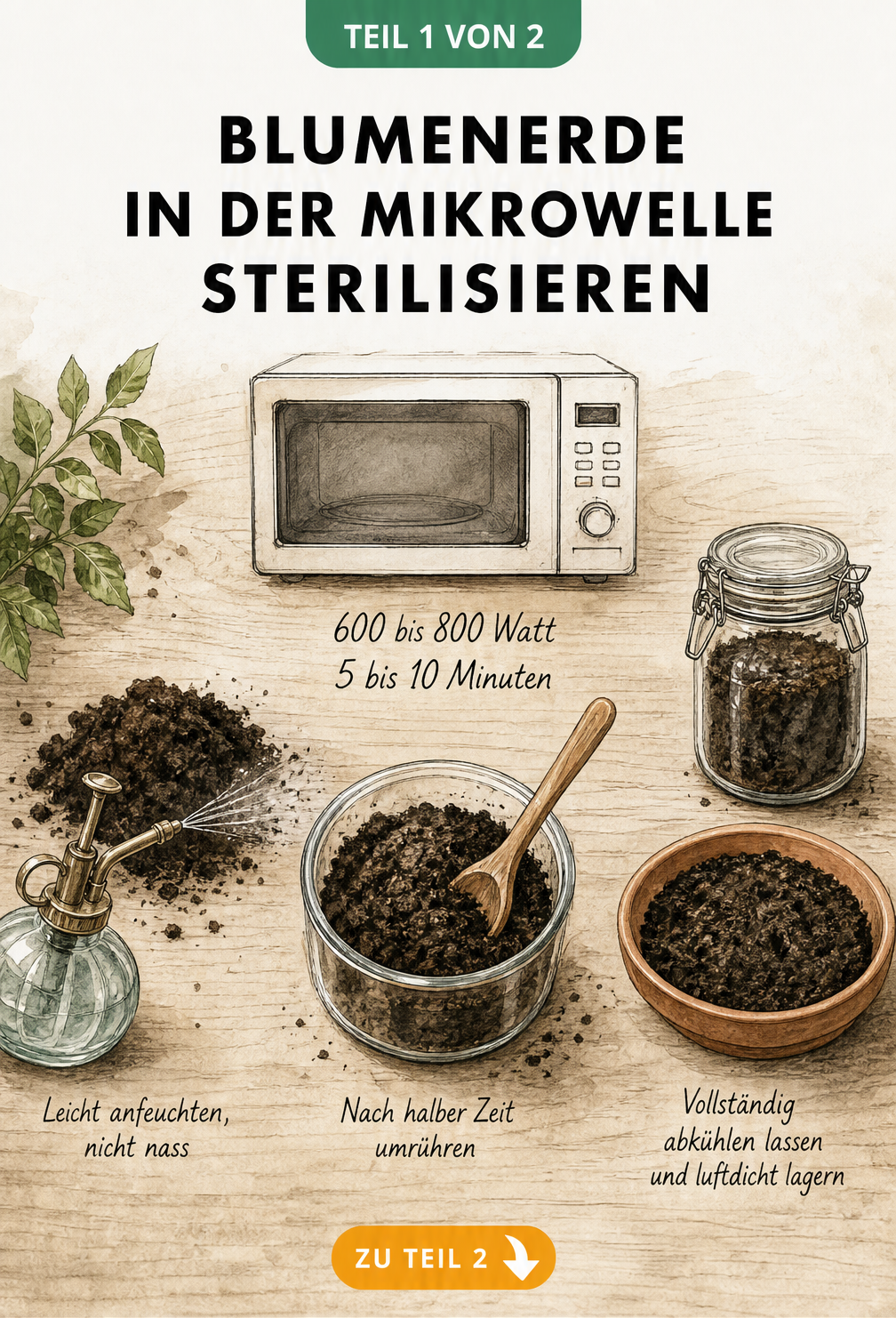 Illustration des Ablaufs zur Sterilisation von Blumenerde in der Mikrowelle mit Erde, Sprühflasche, Glasgefäß und Tontopf