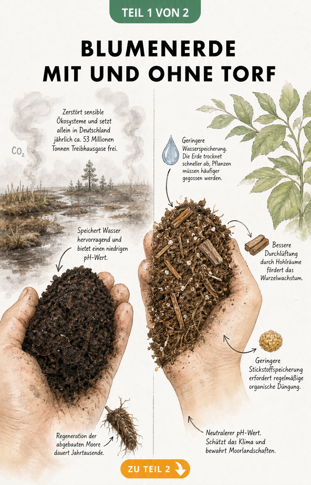 Illustration einer Hand mit torfhaltiger Erde vor einer Moorlandschaft und einer Hand mit torffreier Erde vor grünen Blättern