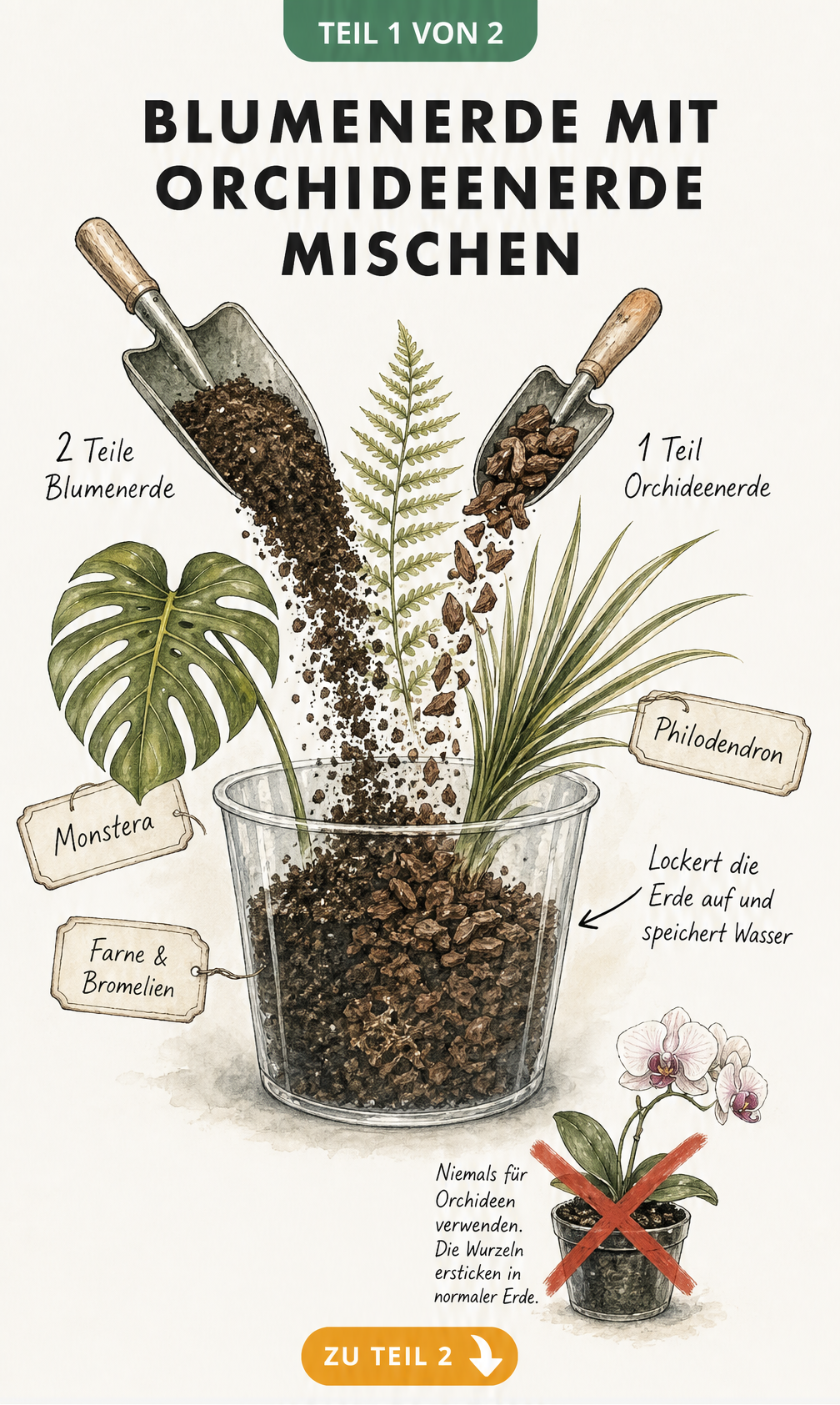 Illustration: Blumenerde und Orchideenerde im Verhältnis 2:1 mischen für Zimmerpflanzen wie Monstera und Farne.