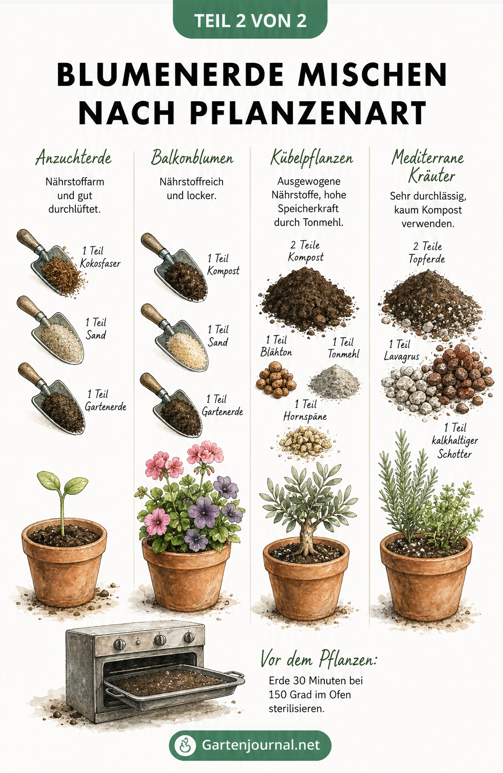 Botanische Illustration von vier Pflanztöpfen mit Keimling, Balkonblume, Kübelpflanze und Rosmarin, darüber die passenden Erdmischungen in Schaufeln.