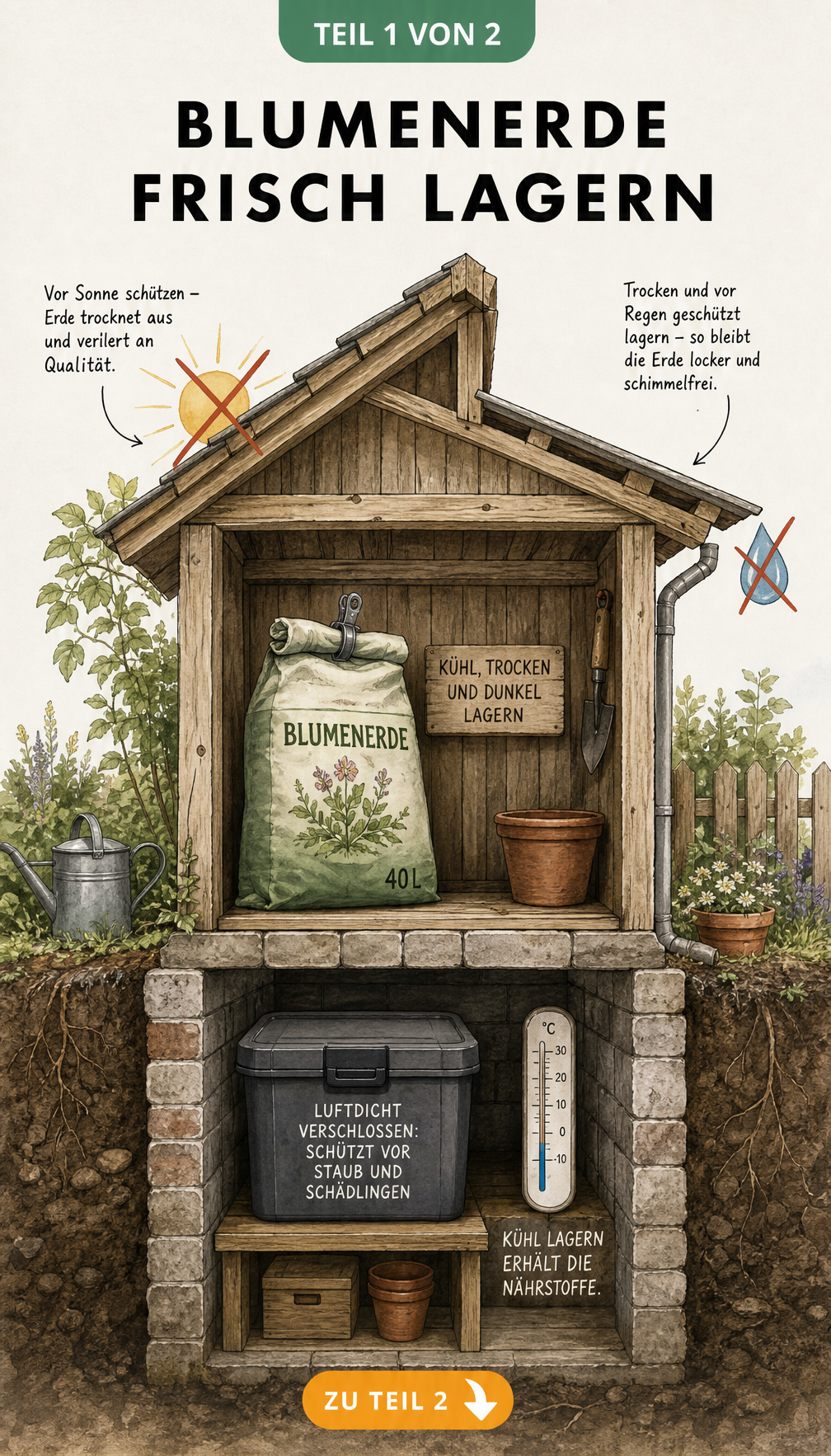 Querschnitt eines Grundstücks mit Keller und Gerätehaus, der die optimale Lagerung von Blumenerde zeigt