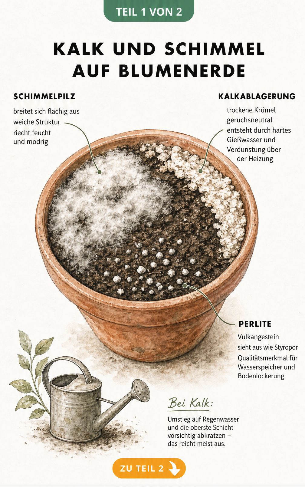 Illustration eines Blumentopfs, die die Unterschiede zwischen Schimmelpilz, Kalkablagerung und Perliten auf der Blumenerde zeigt.