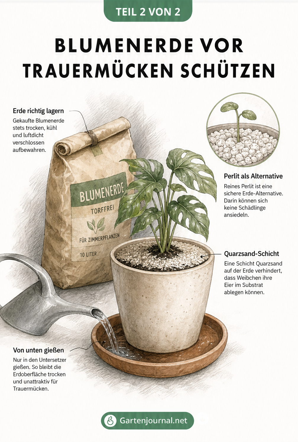 Illustration einer Zimmerpflanze, die von unten gegossen wird, mit Quarzsand auf der Erde und einem verschlossenen Erdsack im Hintergrund