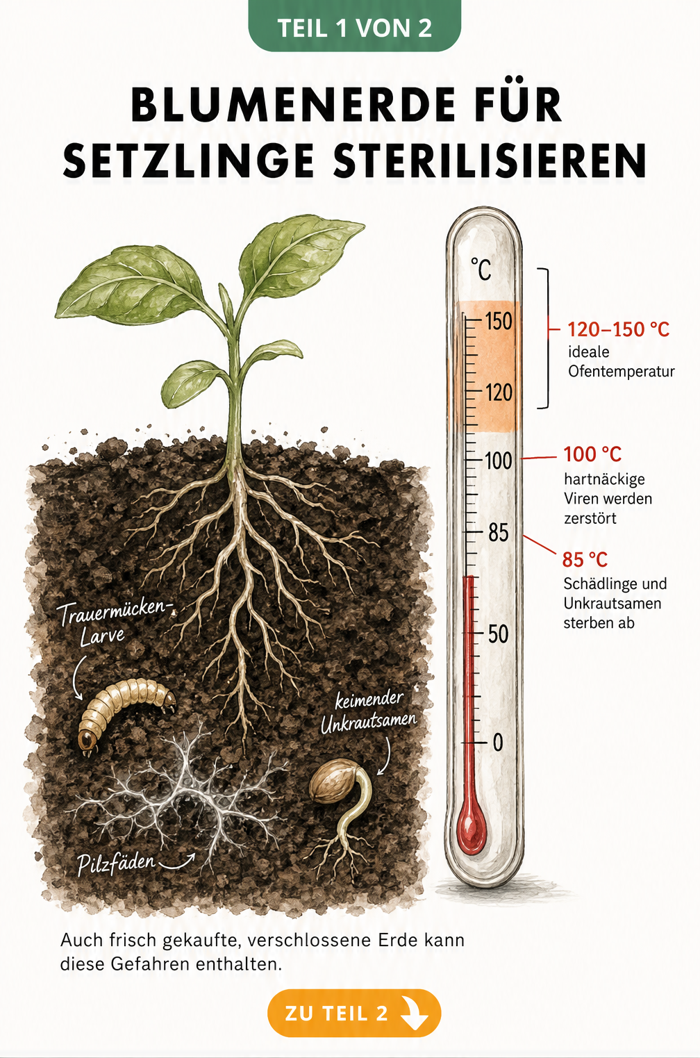 Botanische Illustration eines Setzlings in Blumenerde mit Trauermücken-Larve, Pilzfäden und Unkrautsamen sowie einem Thermometer, das 120 bis 150 Grad Celsius...