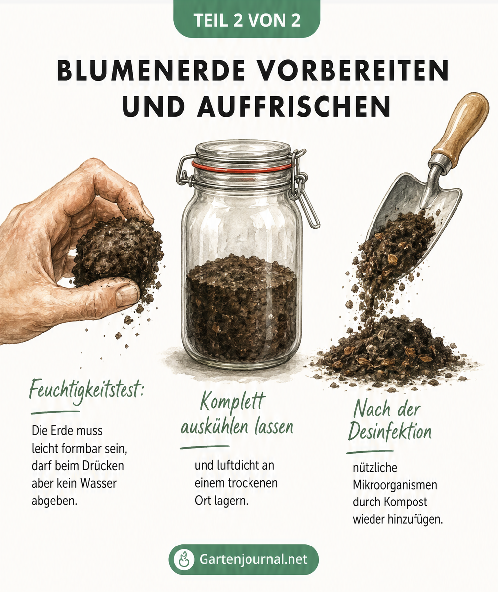 Illustration eines Feuchtigkeitstests, eines Vorratsglases zur Lagerung und der Zugabe von Kompost zur Blumenerde