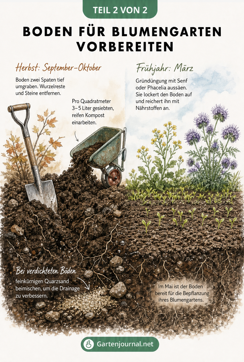 Illustration zur Bodenvorbereitung im Blumengarten mit Umgraben im Herbst und Gründüngung im Frühjahr