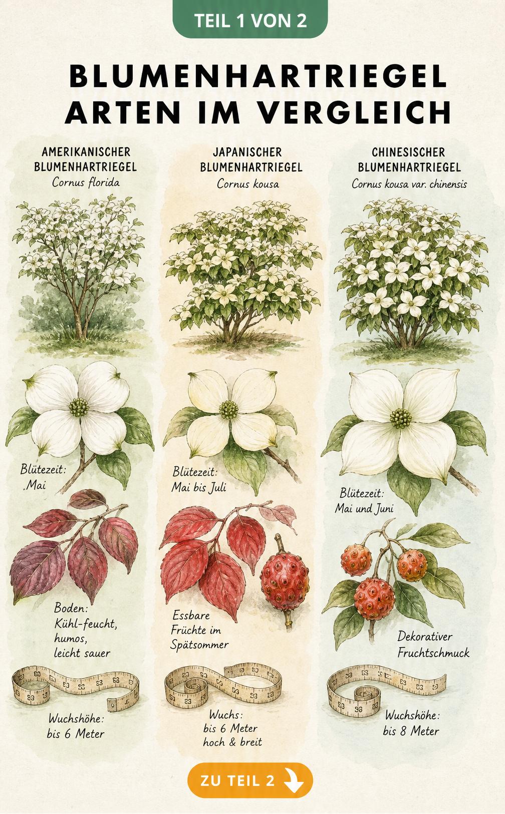Botanische Illustration der drei Hauptarten des Blumenhartriegels: Amerikanisch, Japanisch und Chinesisch mit Details zu Blüte, Herbstlaub und Wuchshöhe.