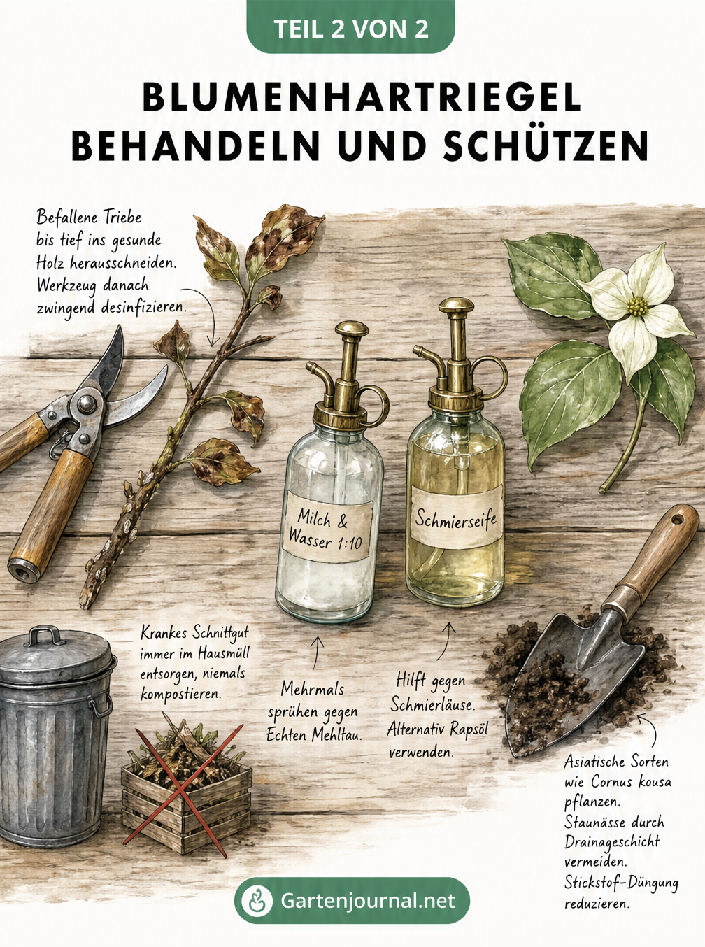 Pflanztisch mit Gartenschere, Sprühflaschen mit Hausmitteln und gesundem Blumenhartriegel-Blatt