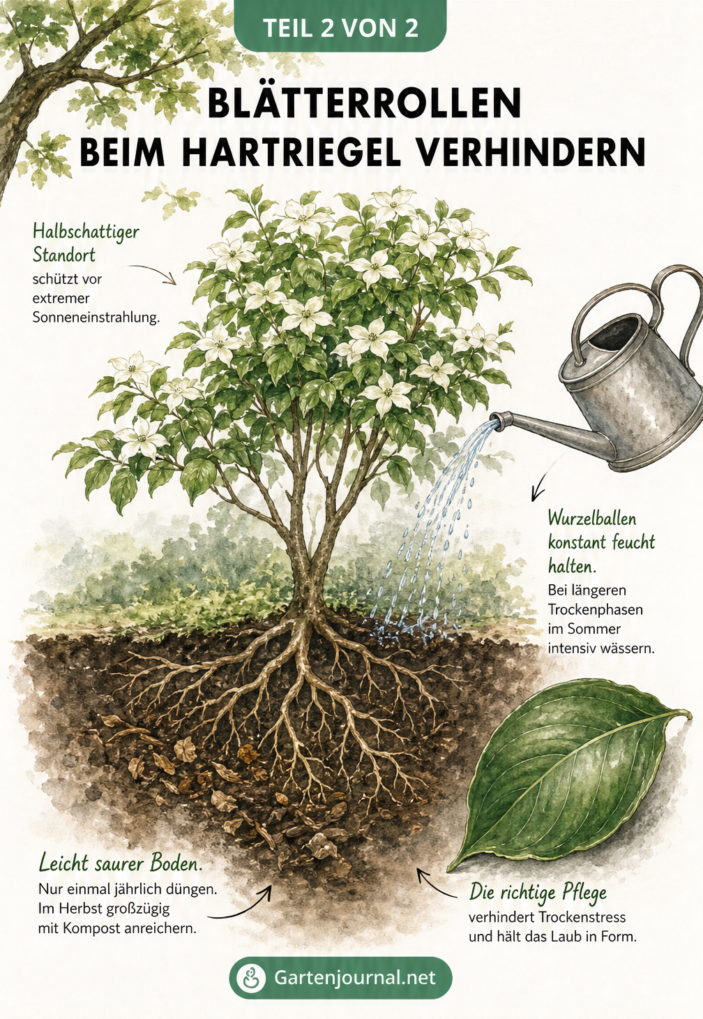 Querschnitt-Illustration eines Cornus kousa mit Wurzelwerk, die den idealen halbschattigen Standort und die richtige Bewässerung zeigt