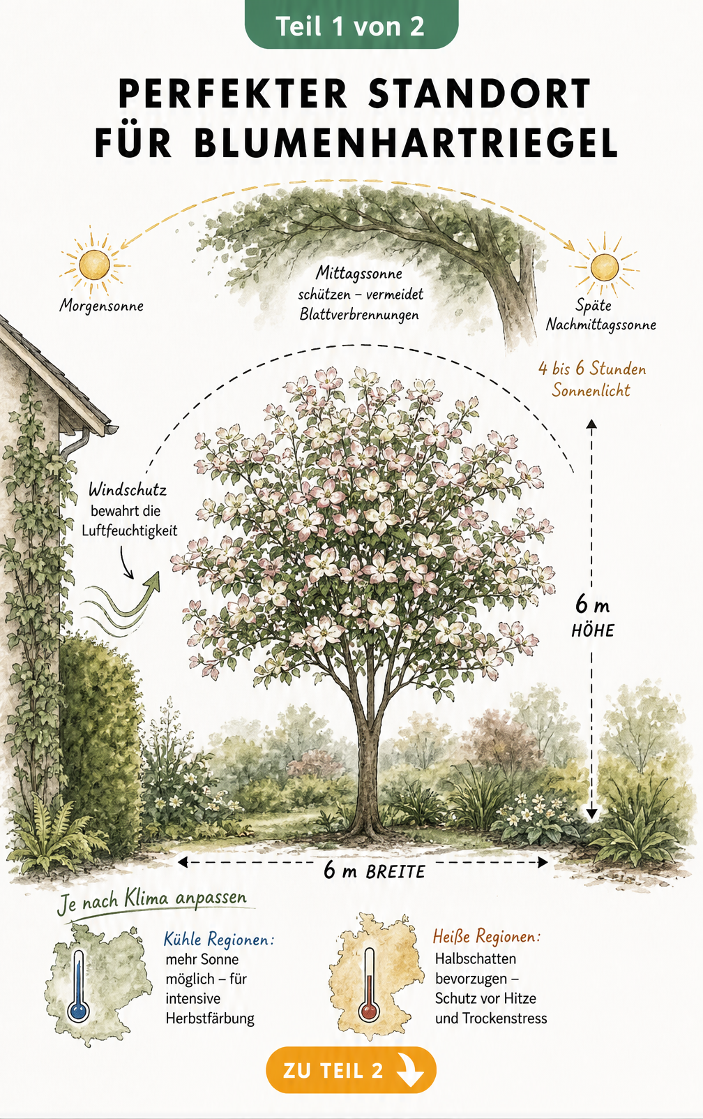 Querschnitt eines Gartens mit einem Blumenhartriegel, der den idealen Standort mit Windschutz, Platzbedarf und Sonnenlicht zeigt