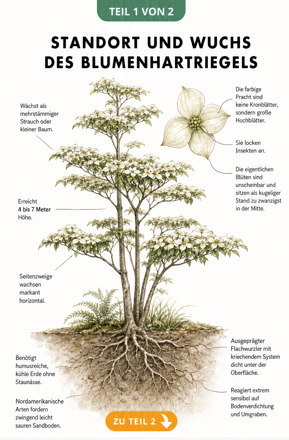 Botanische Illustration eines Blumenhartriegels mit Wurzelwerk, Wuchsform und Blütendetails