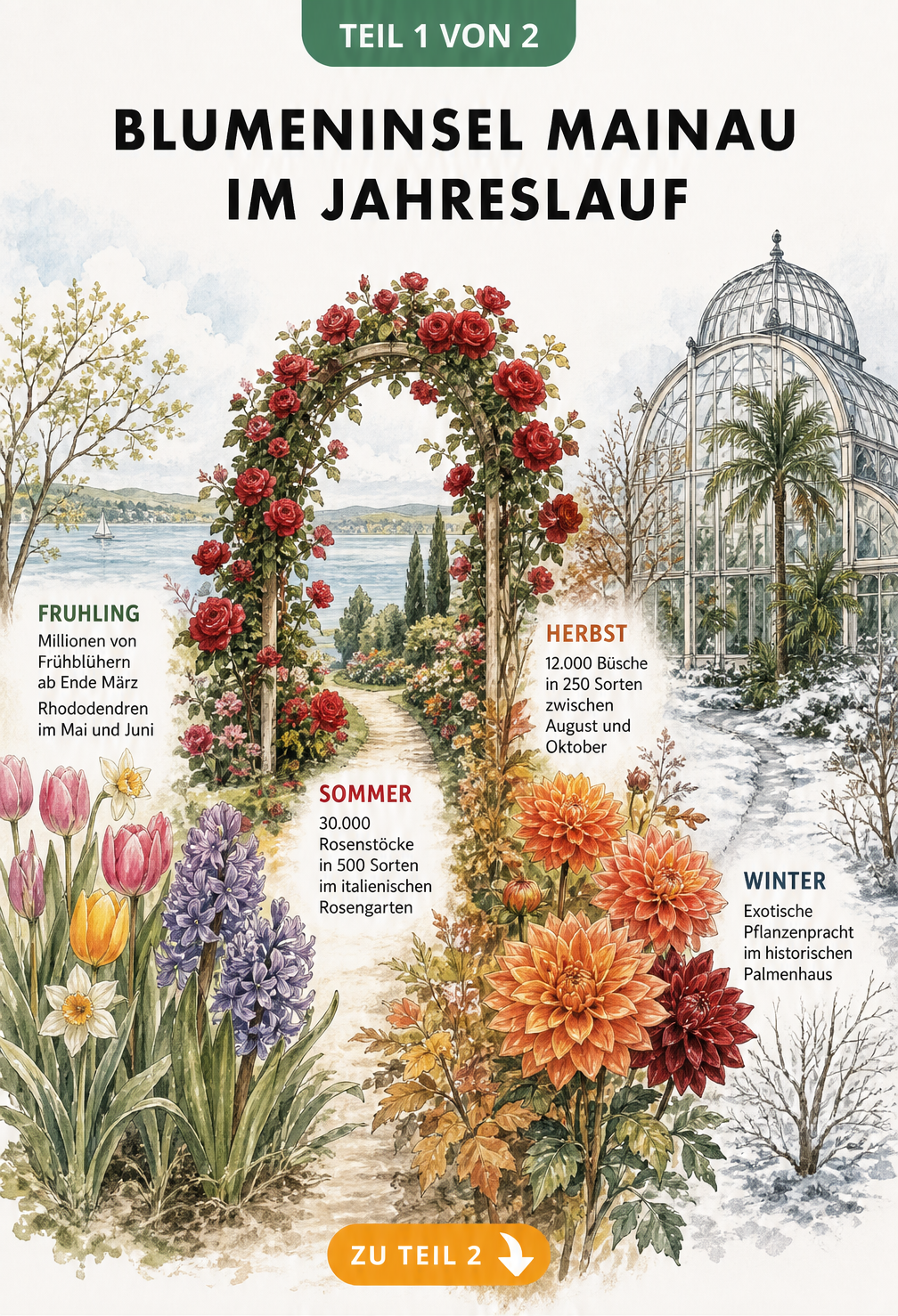 Illustration der Blumeninsel Mainau im Jahreslauf mit Frühlingsblühern, Rosenbogen, Dahlien und Palmenhaus